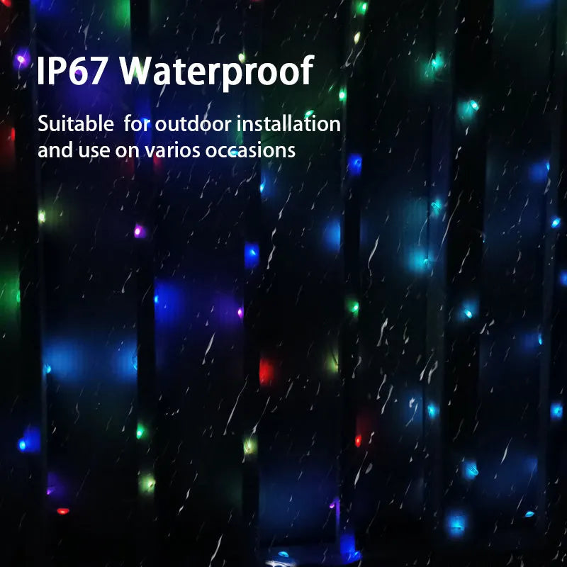 10 metre long LED light string with 100 multi-colour bulbs draped in decorative pattern