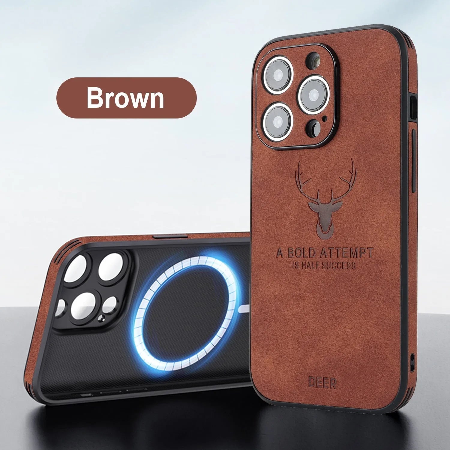 iPhone 16 series imitation leather phone case with embossed moose head design showing magnetic charging compatibility