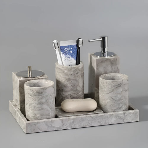 Marble bathroom toilet set with Bawang flower pattern including 16 pieces such as tissue boxes, lotion bottles, soap dishes, trays