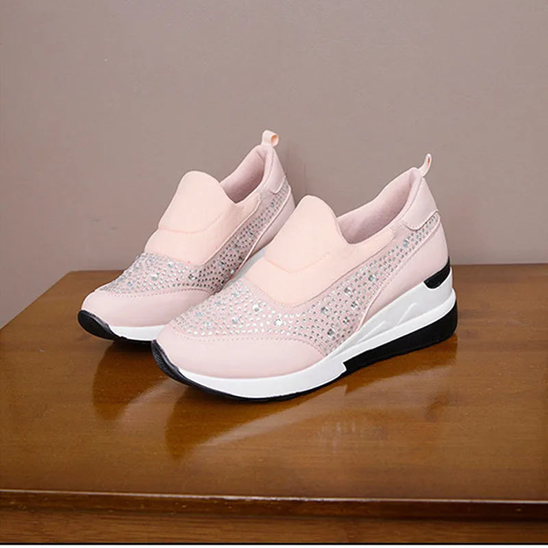 Women's rhinestone wedge shoes with hidden height increase, round toe PU upper, shown in black, pink, and white