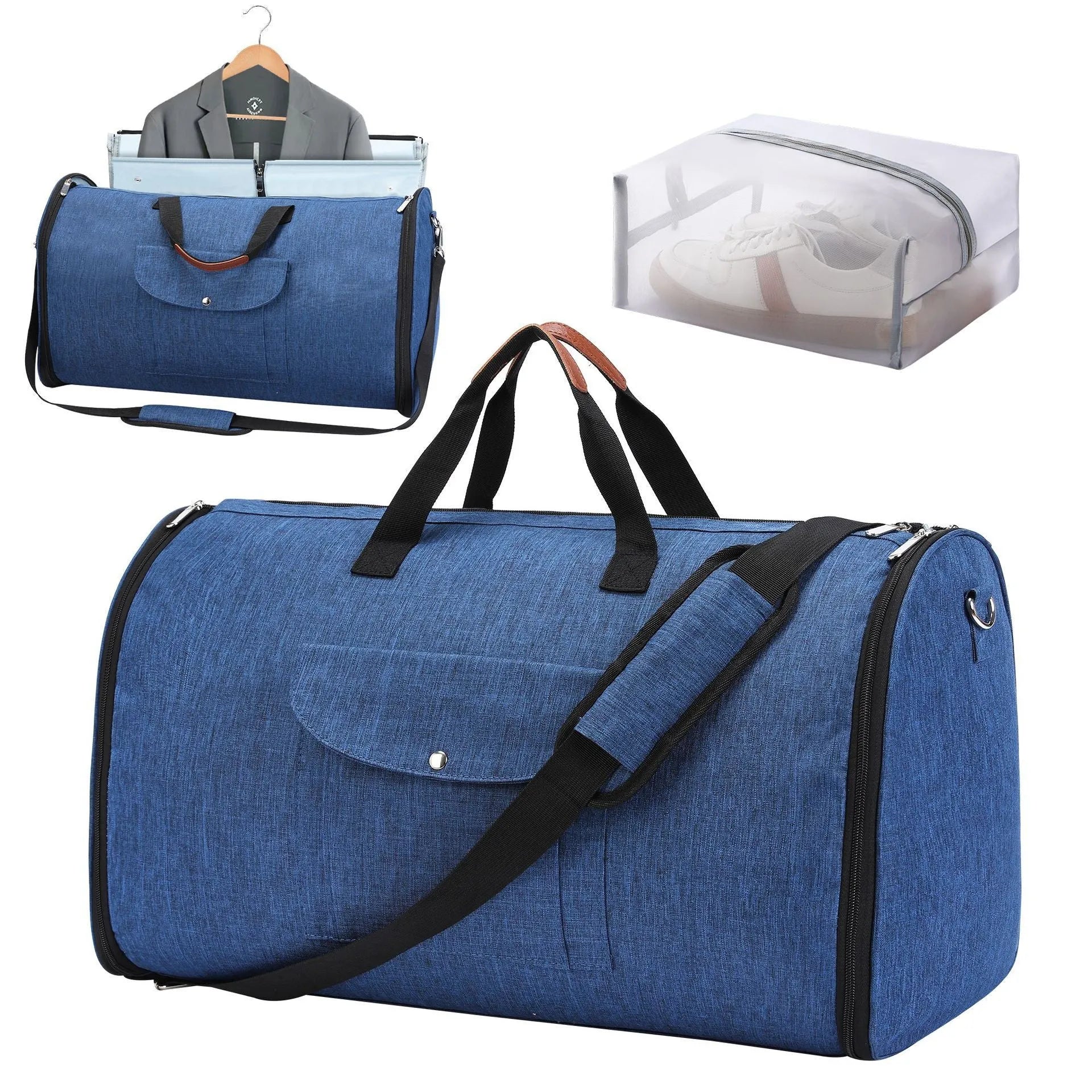 Folding Oxford cloth duffel bag in dark blue, grey, and black colours with 36-55 litre capacity