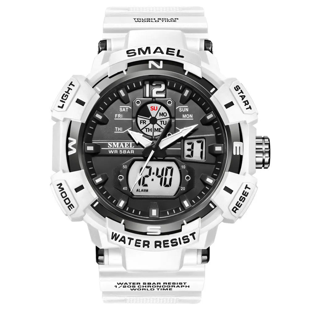 Shockproof electronic watch with round 50mm and above dial, organic glass mirror, PU strap, plastic case