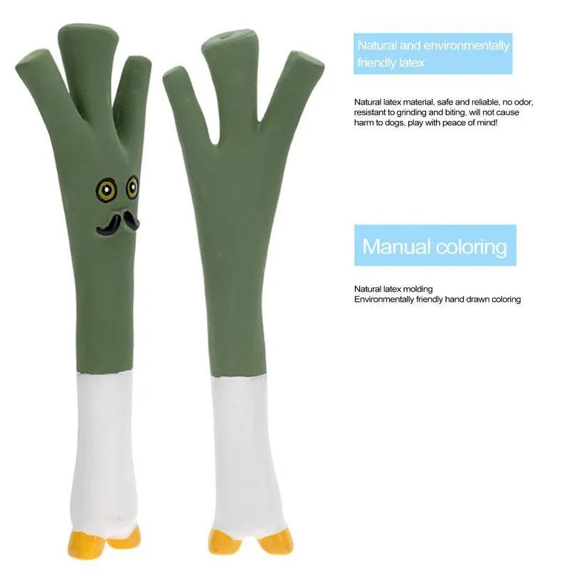 Latex vegetable dog chew toys showing cartoon onion and eggplant designs in green, orange and purple colours