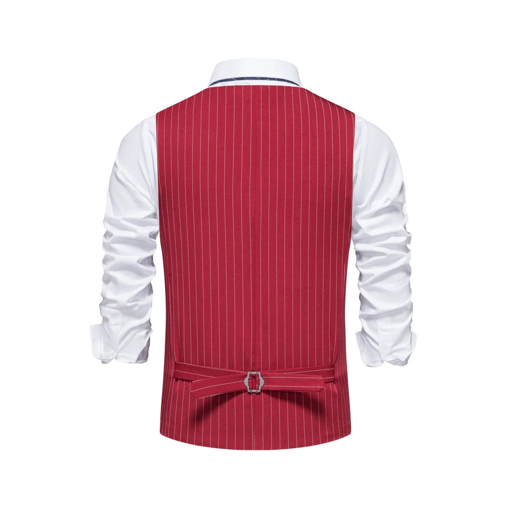 Men's striped suit vest in black, red, or khaki, showing mitre bottom hem and pocket detail.
