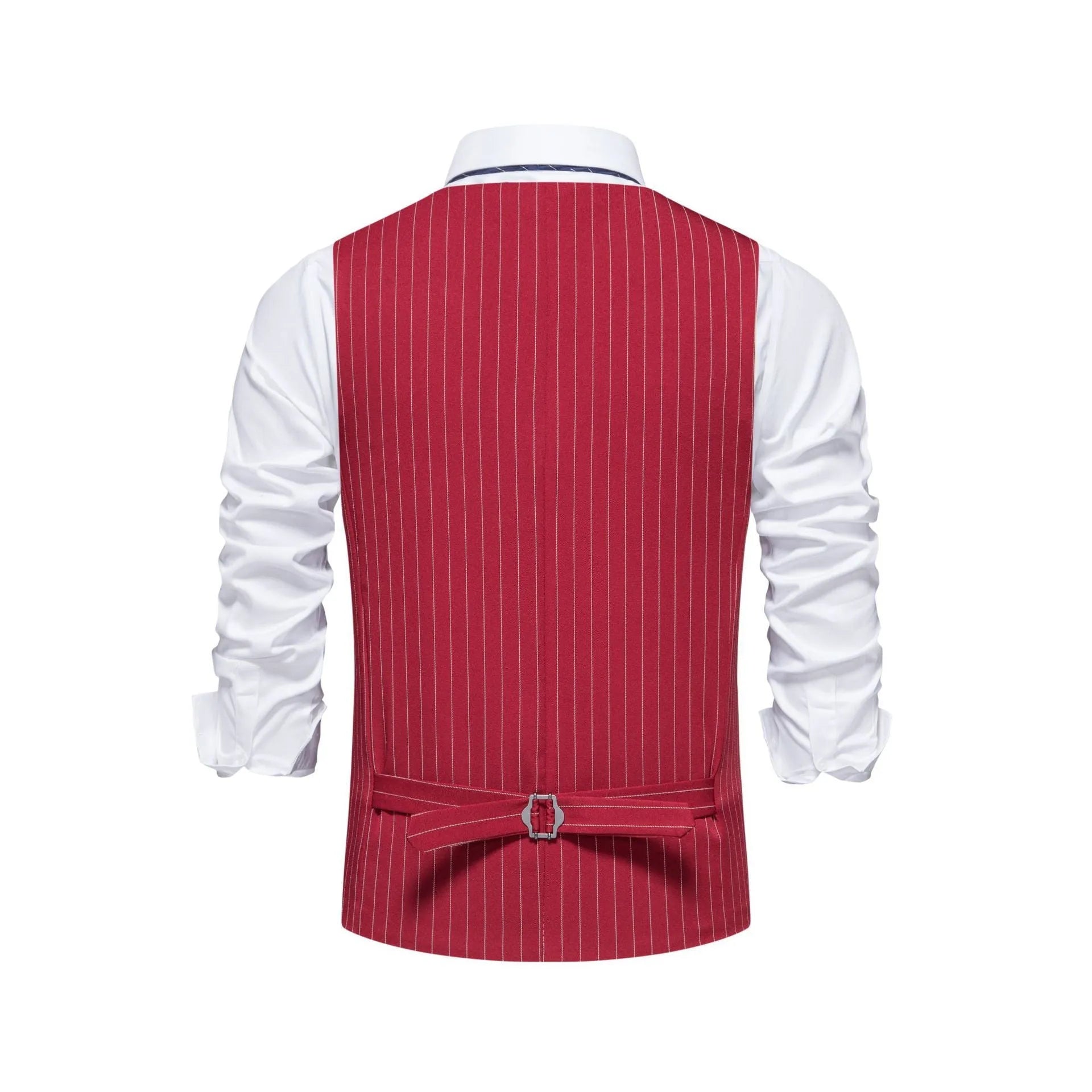 Men's striped suit vest in black, red, or khaki, showing mitre bottom hem and pocket detail.