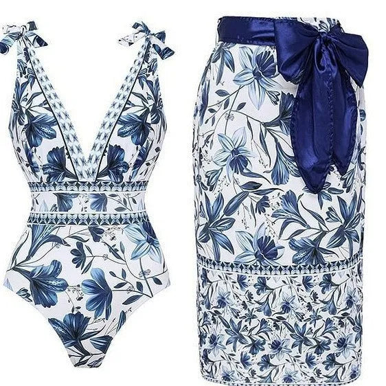 Women's one-piece swimsuit with optional printed skirt, sleeveless polyester, sizes S to XL