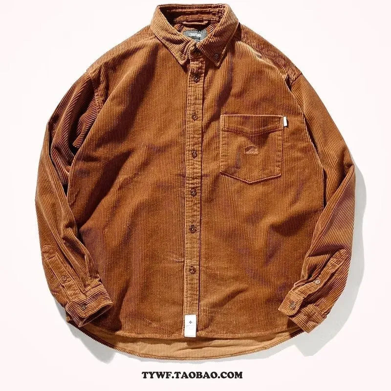 Loose fit Hong Kong style corduroy shirt in caramel colour with long sleeves and cardigan front