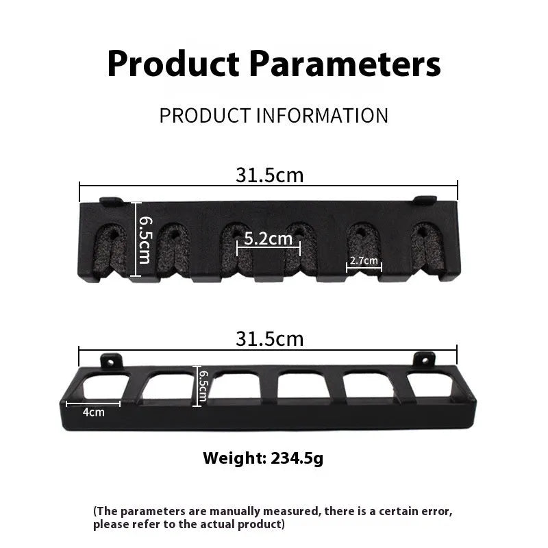 Black ABS plastic wall-mounted fishing rod holder with upright and horizontal storage options