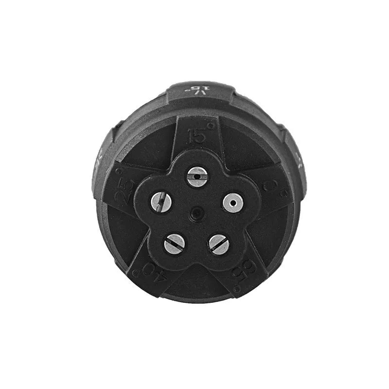 Multi-functional five-pattern high-pressure water gun spray nozzle made from black engineering plastic.