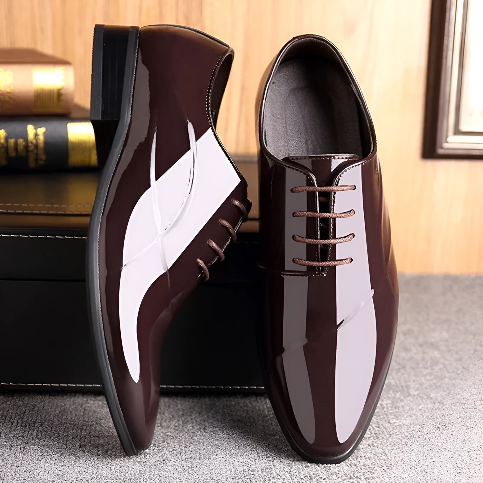 Men's black and brown business formal shoes with pointed toe, artificial PU upper