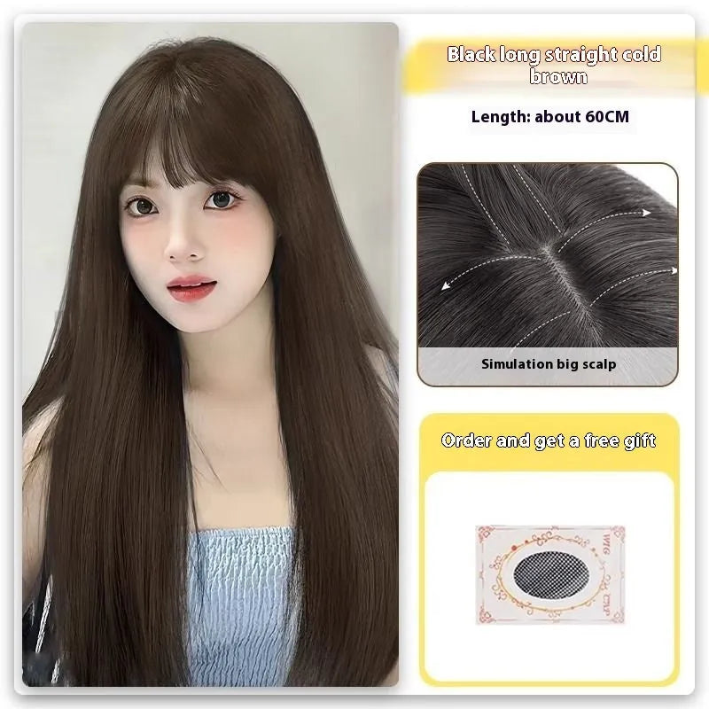 Black long straight full-head synthetic wig with lace front and side bangs.