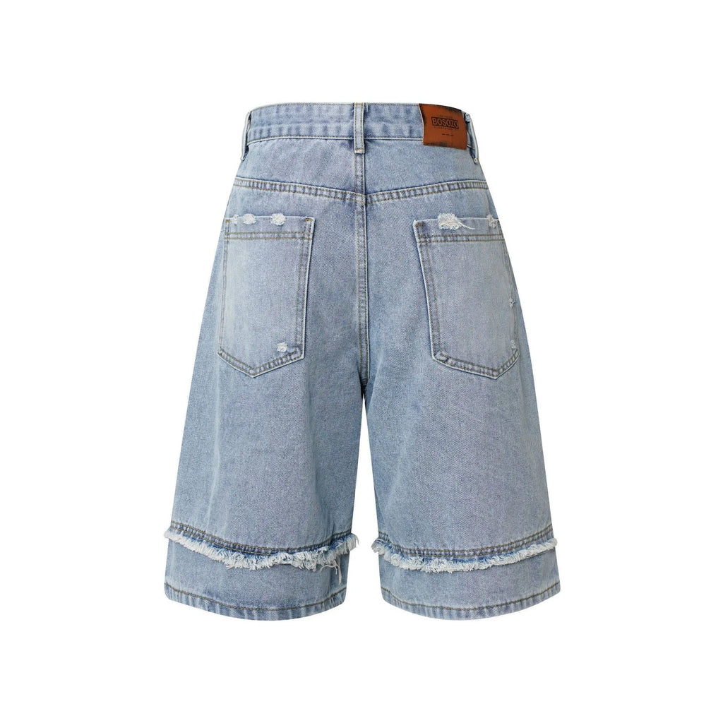 Men's distressed raw edge denim shorts in straight cut hip hop style