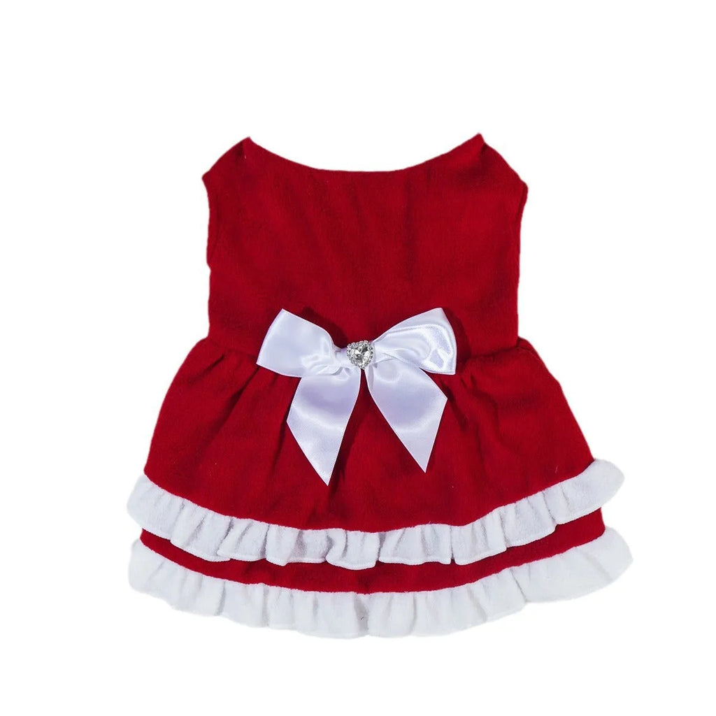 Red fleece pet Christmas princess dress with bow, available in sizes XS to XXL