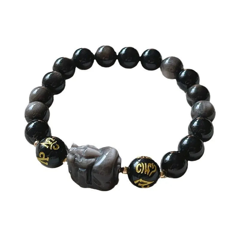 Men's silver stone beaded bracelet with Chinese style and engraved proverbs on a dark background.