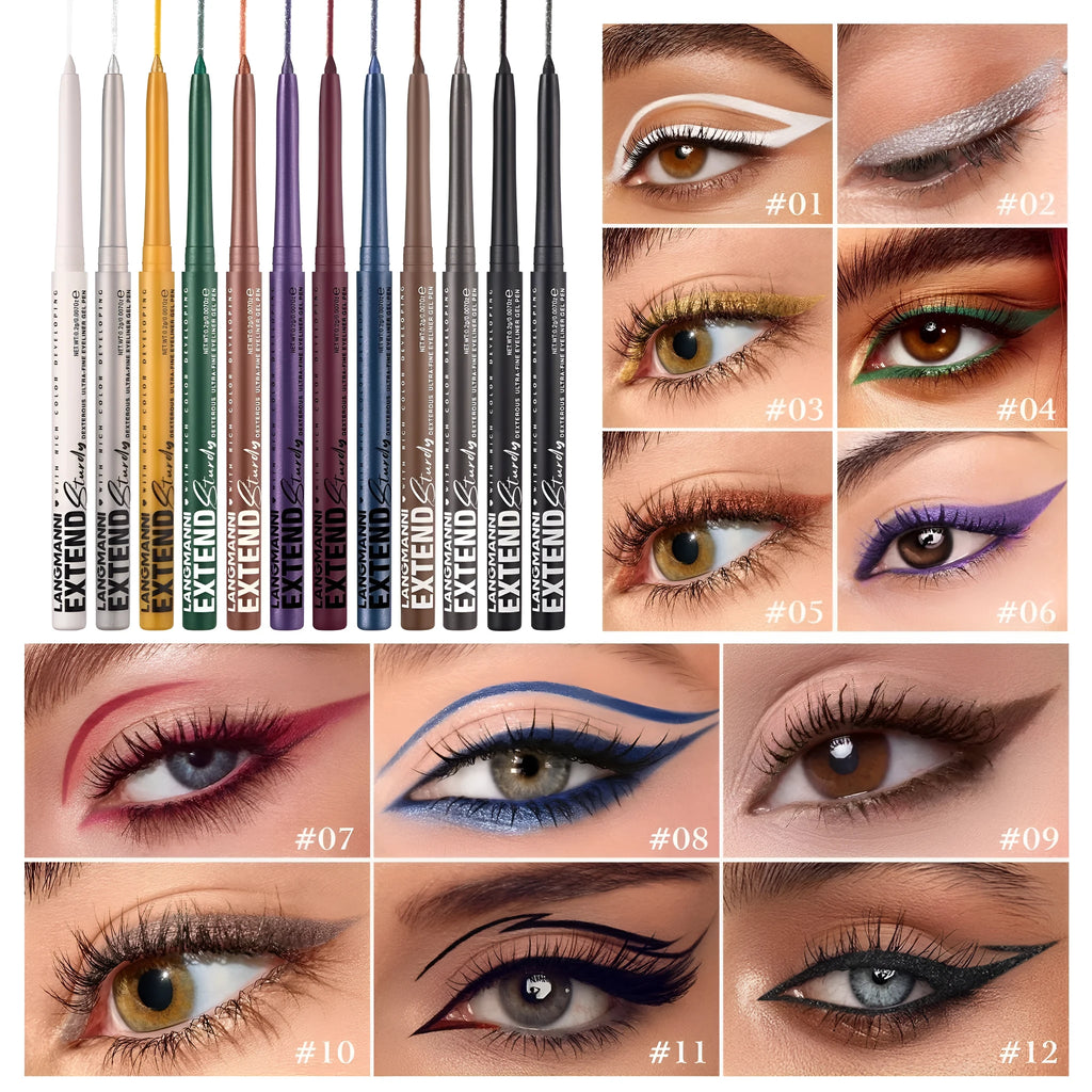 Set of 12 colourful gel glitter eyeliner pencils with vibrant shades on a white background