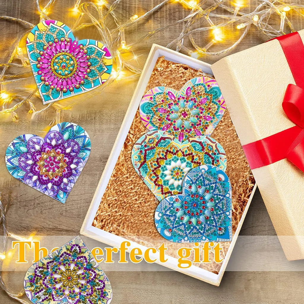 Set of six purple PU leather handmade bookmarks with crystal and flower decorations on a white background.