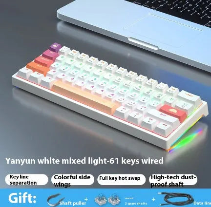 61-key bluish-black and white mechanical keyboard with hot-swap switches on desk