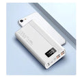 Black and white high capacity power bank showing front view with dimensions