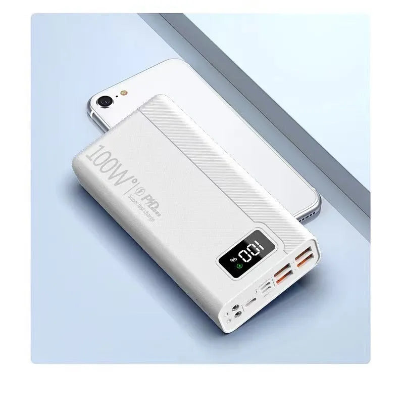 Black and white high capacity power bank showing front view with dimensions