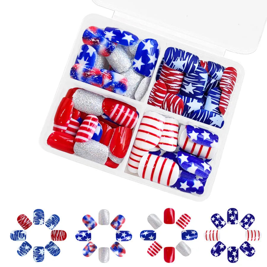 Set of red and blue glitter false nail tips in a short European square shape.