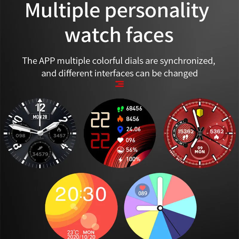 Round black smart watch with stainless steel case, Bluetooth call and heart rate monitoring features on a plain background.