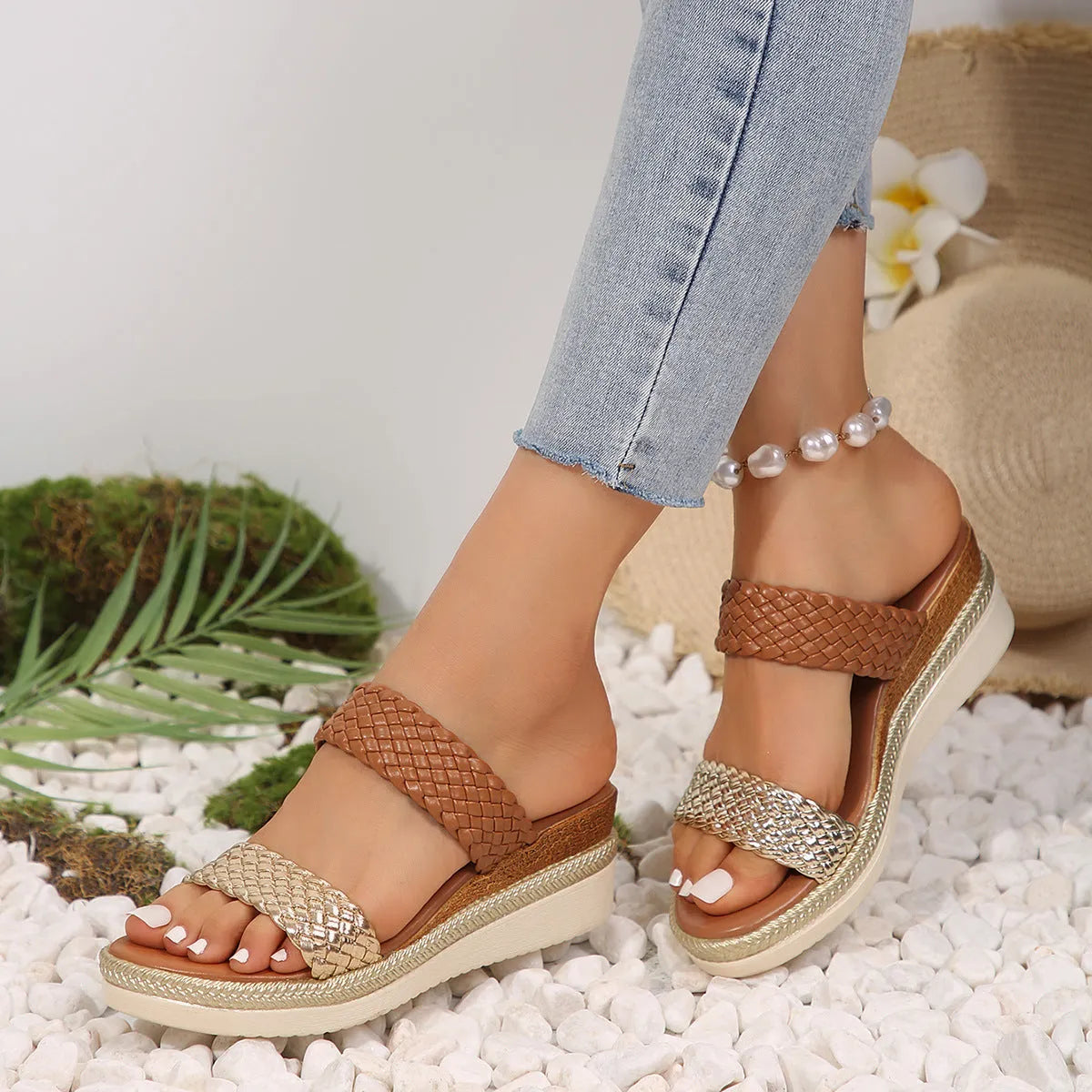 Women's gold plus size wedge sandals with adjustable strap and rubber wedge sole