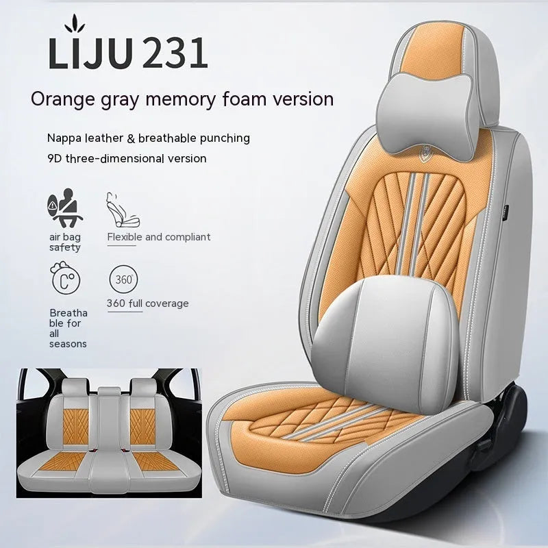Set of five car seat cushions in synthetic leather, showing one of 17 available colour options like black, blue, or beige.