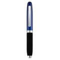 Metal ballpoint pen with bullet tip shown alongside seven refill colour options