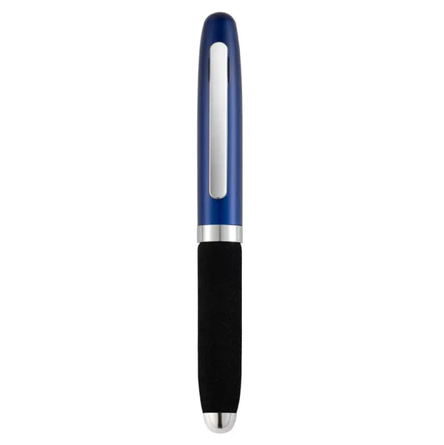 Metal ballpoint pen with bullet tip shown alongside seven refill colour options