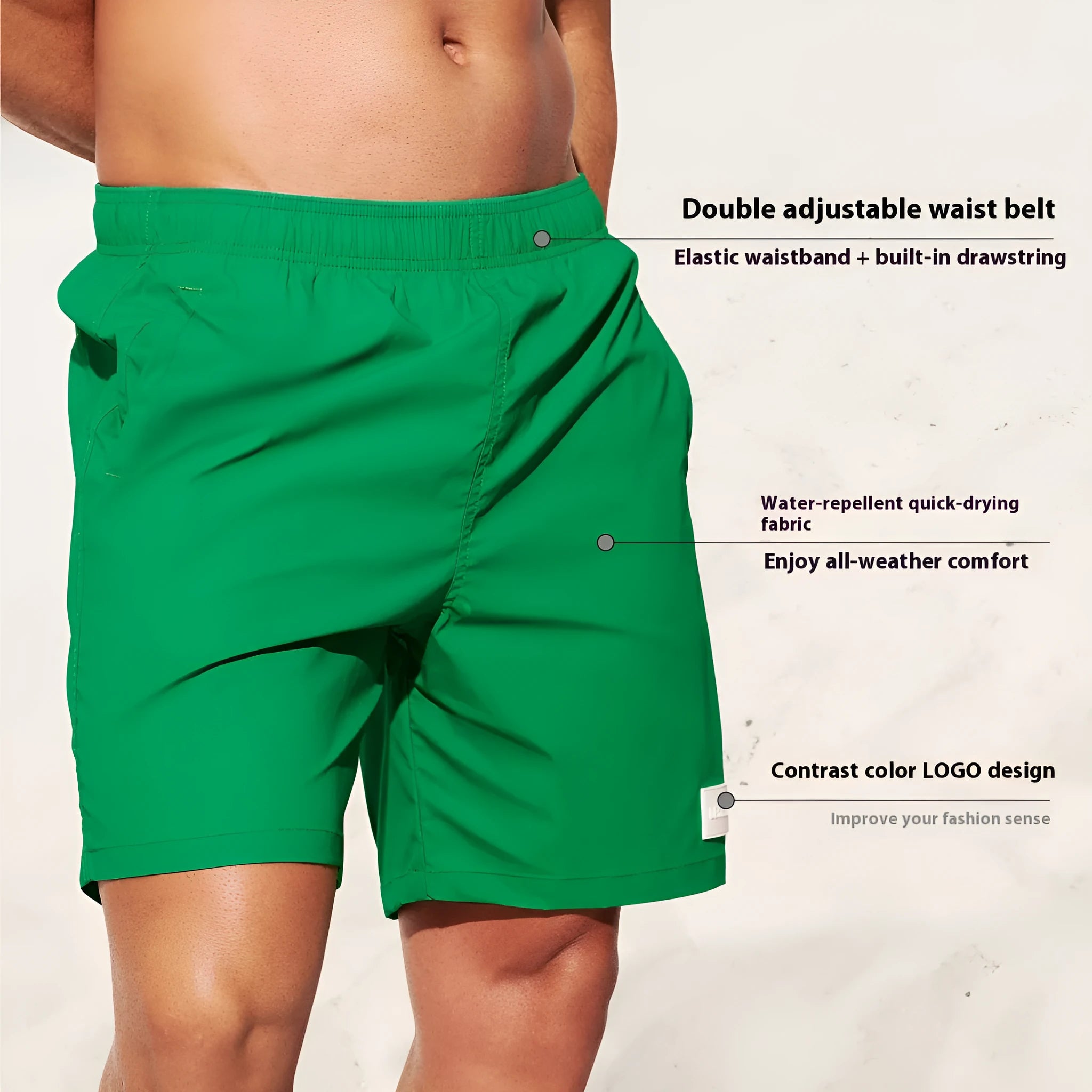 Men's solid colour quick-dry nylon beach shorts with straight leg opening