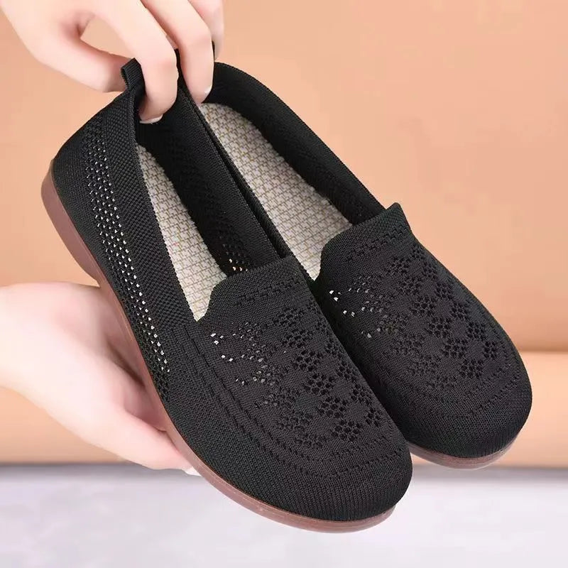 Women's beige antiskid casual shoes with Flyknit mesh upper and PVC sole for elderly wearers