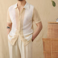 Beige women's short-sleeved lapel cardigan made from a thin cotton and linen knit fabric.