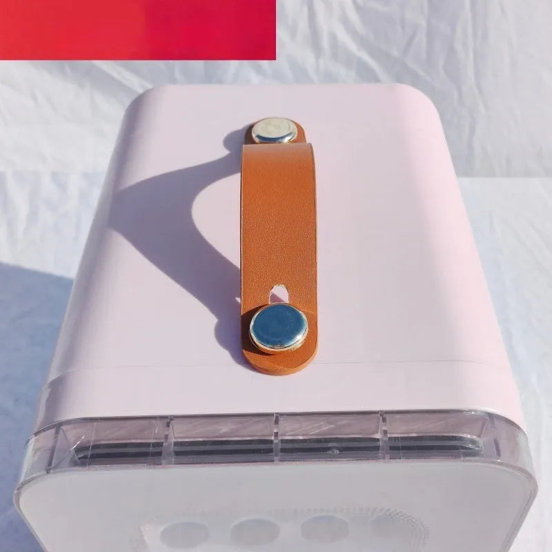 Pink mini refrigerator with transparent door showing 6L capacity for hot and cold dual-use in car and home