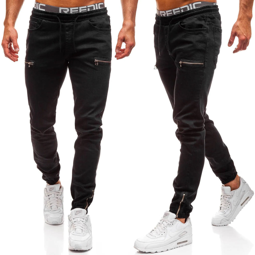 Men's cotton denim jeans with frosted zipper design, tight hip hop fit, available in dark blue, black, or light blue.