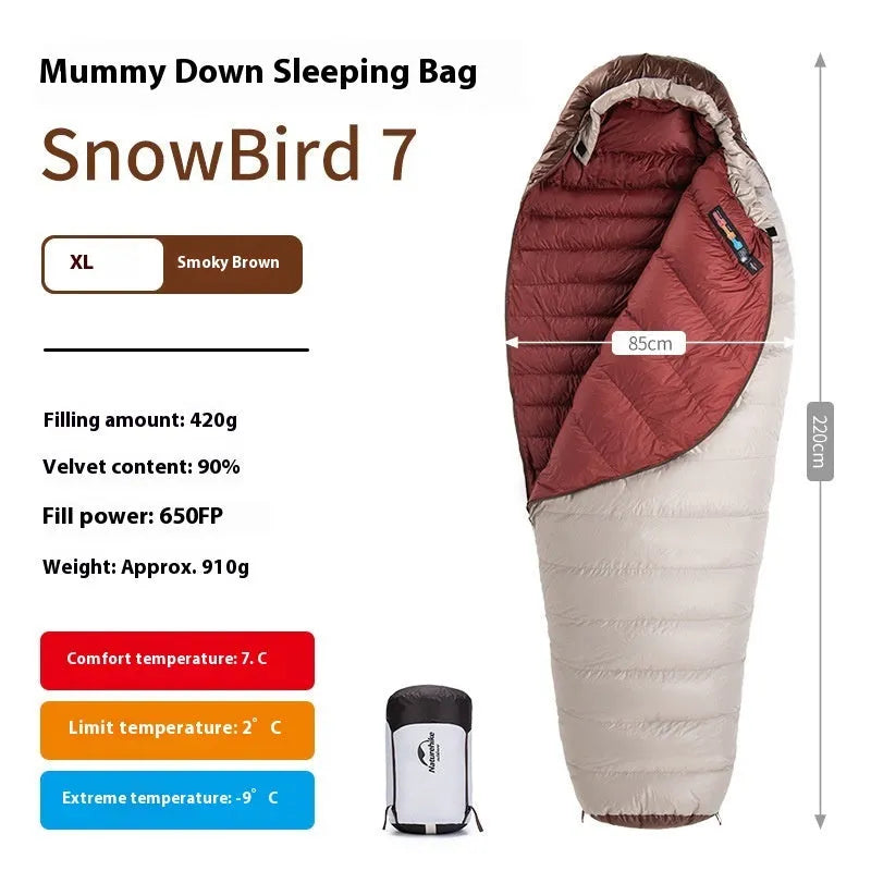 Snowbird goose down mummy sleeping bag in snowbird colour with storage bag.
