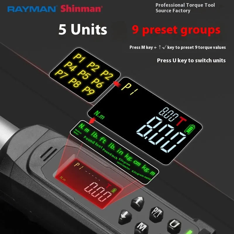 Electronic digital display torque wrench on a workshop bench showing its digital readout.