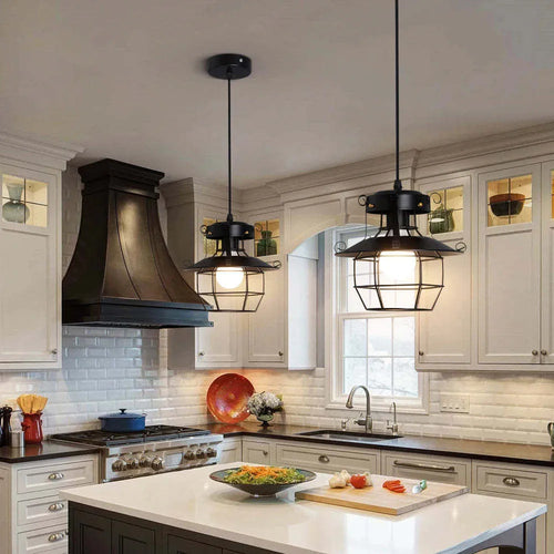 Iron retro single-head lantern-shaped droplight wall lamp with shade.