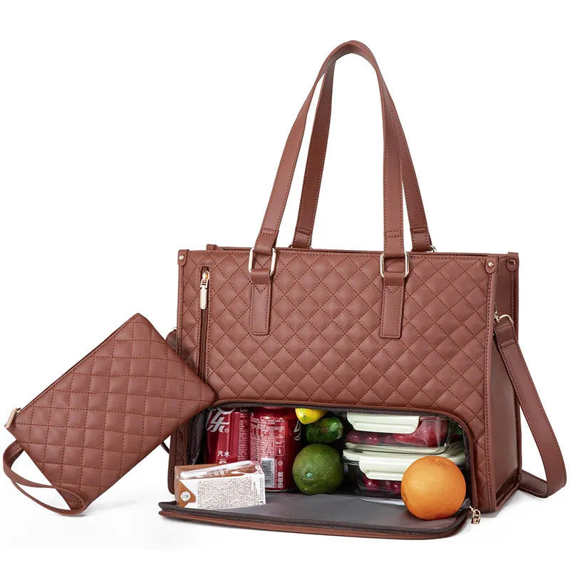 Women's quilted 2-in-1 lunch tote bag 42x32cm in black artificial leather with matching purse and crossbody strap