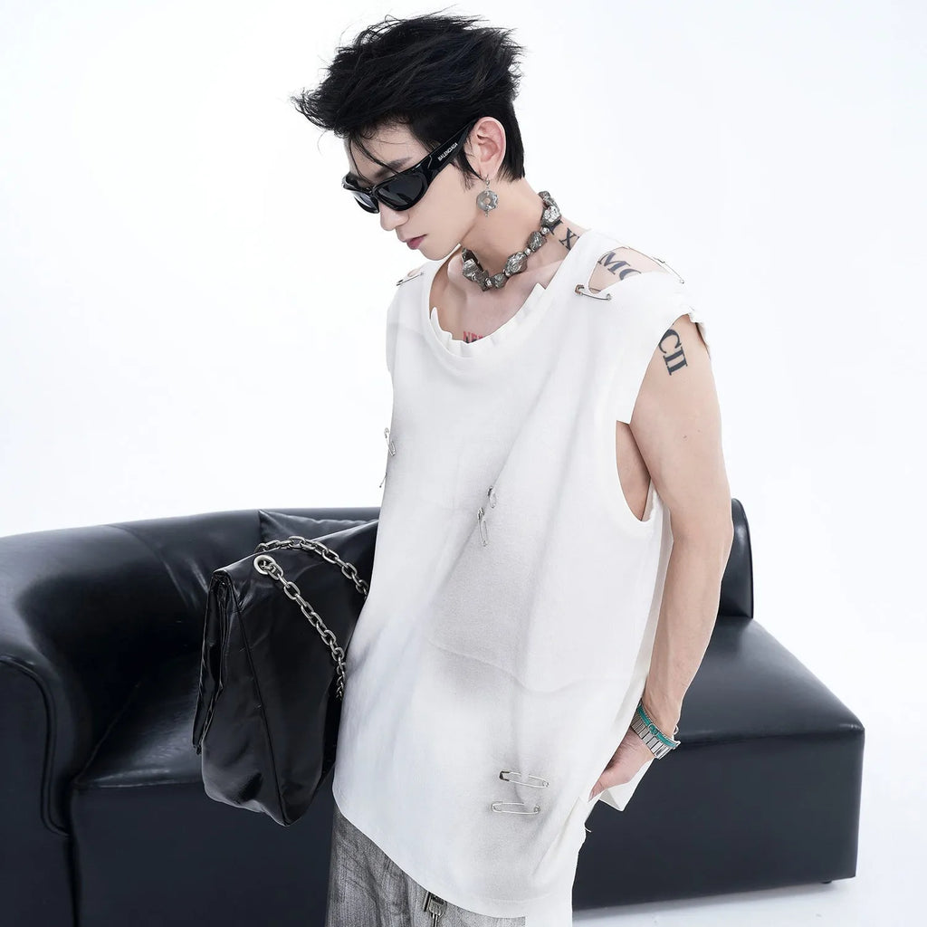 Men's black ripped waistcoat vest with irregular cutting piece design and sleeveless round neck
