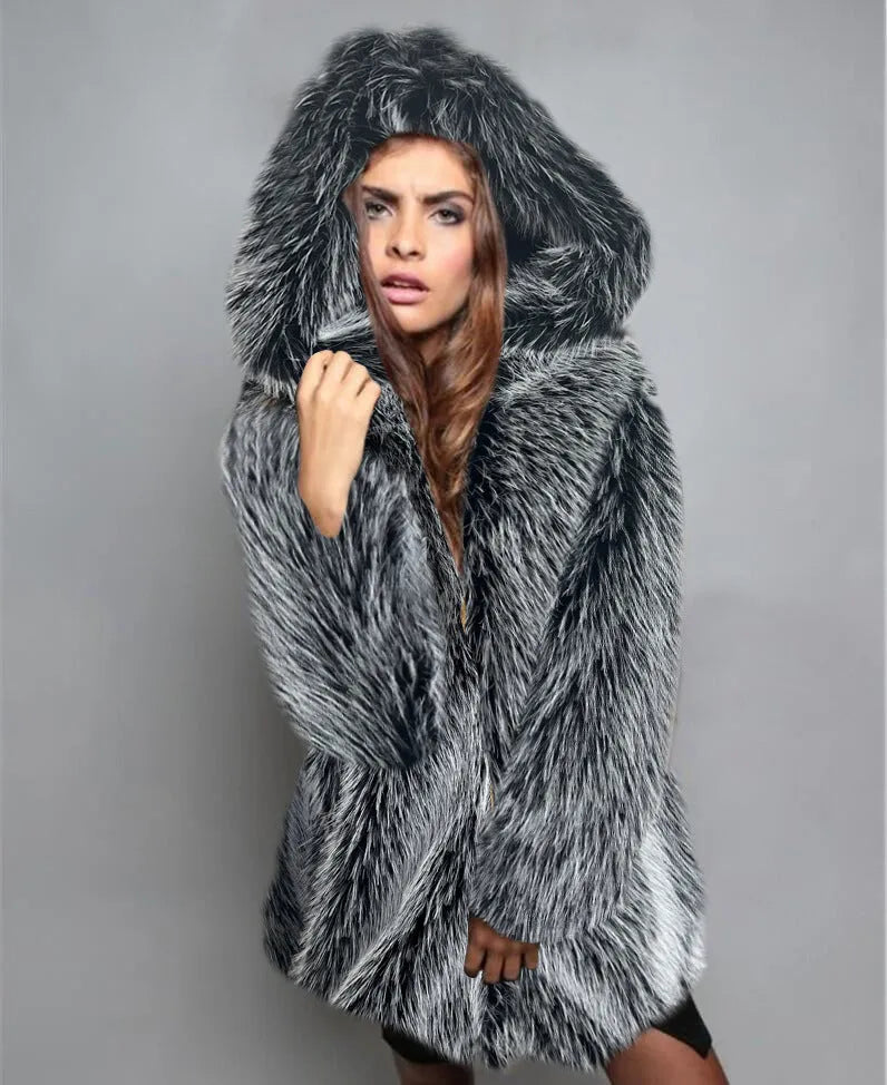 Women's artificial fur mid-length coat in silver grey with loose trendy style and regular sleeves.