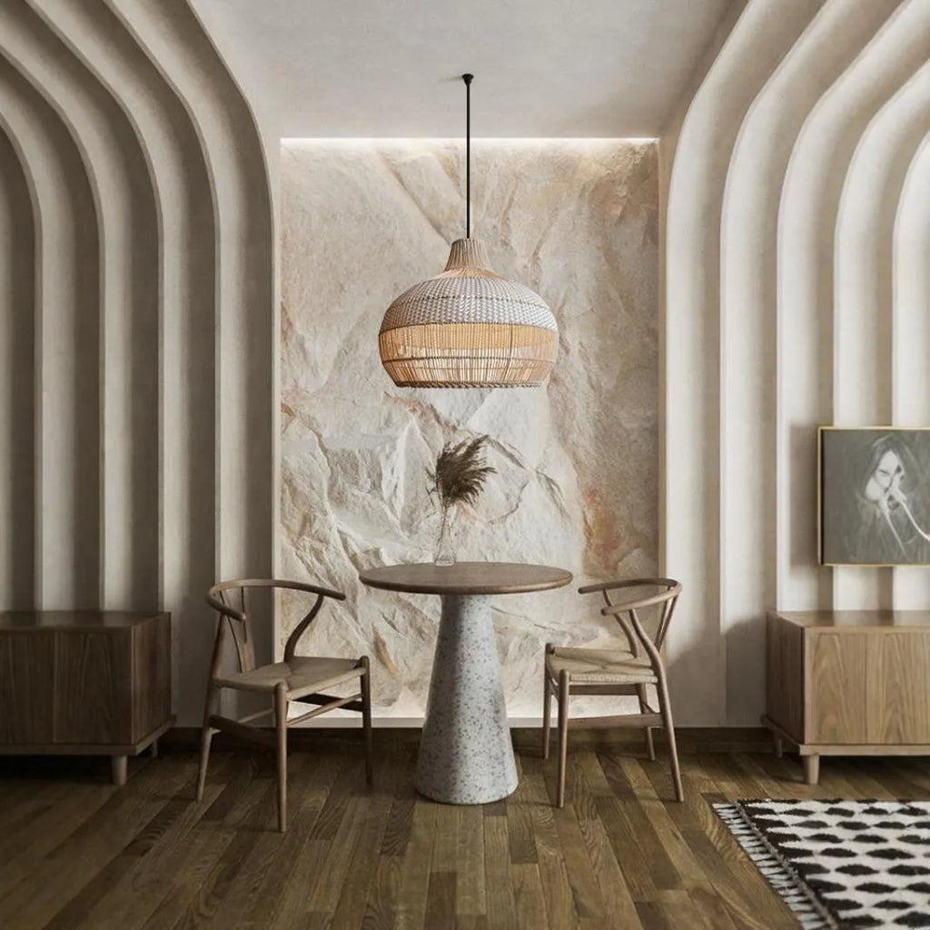 Woven rattan ceiling chandelier with a 60cm diameter in a Silent Wind style.
