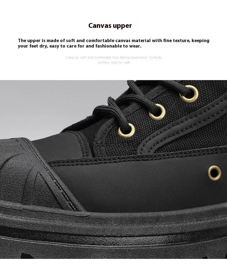 Thick-soled canvas men's motorcycle boots in black, side view showing round toe and front lace-up