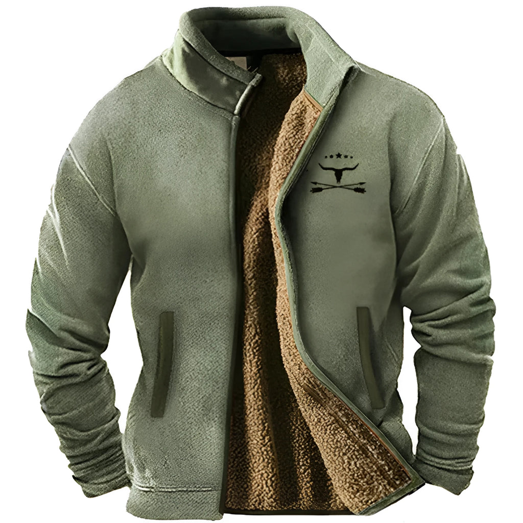 Men's green fleece-padded polyester coat on a hanger, regular length.