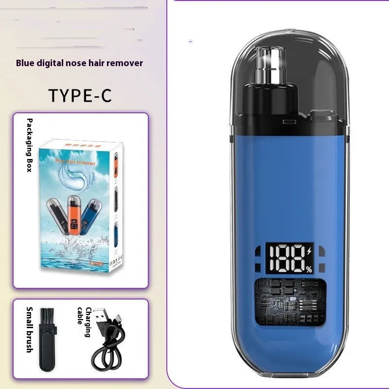 Rechargeable nose hair cleaner with digital display, removable cutter head, cleaning brush and charger
