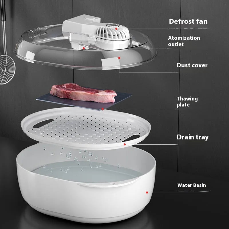 Aluminium quick defrosting plate food defrosting device with USB cable on a kitchen counter