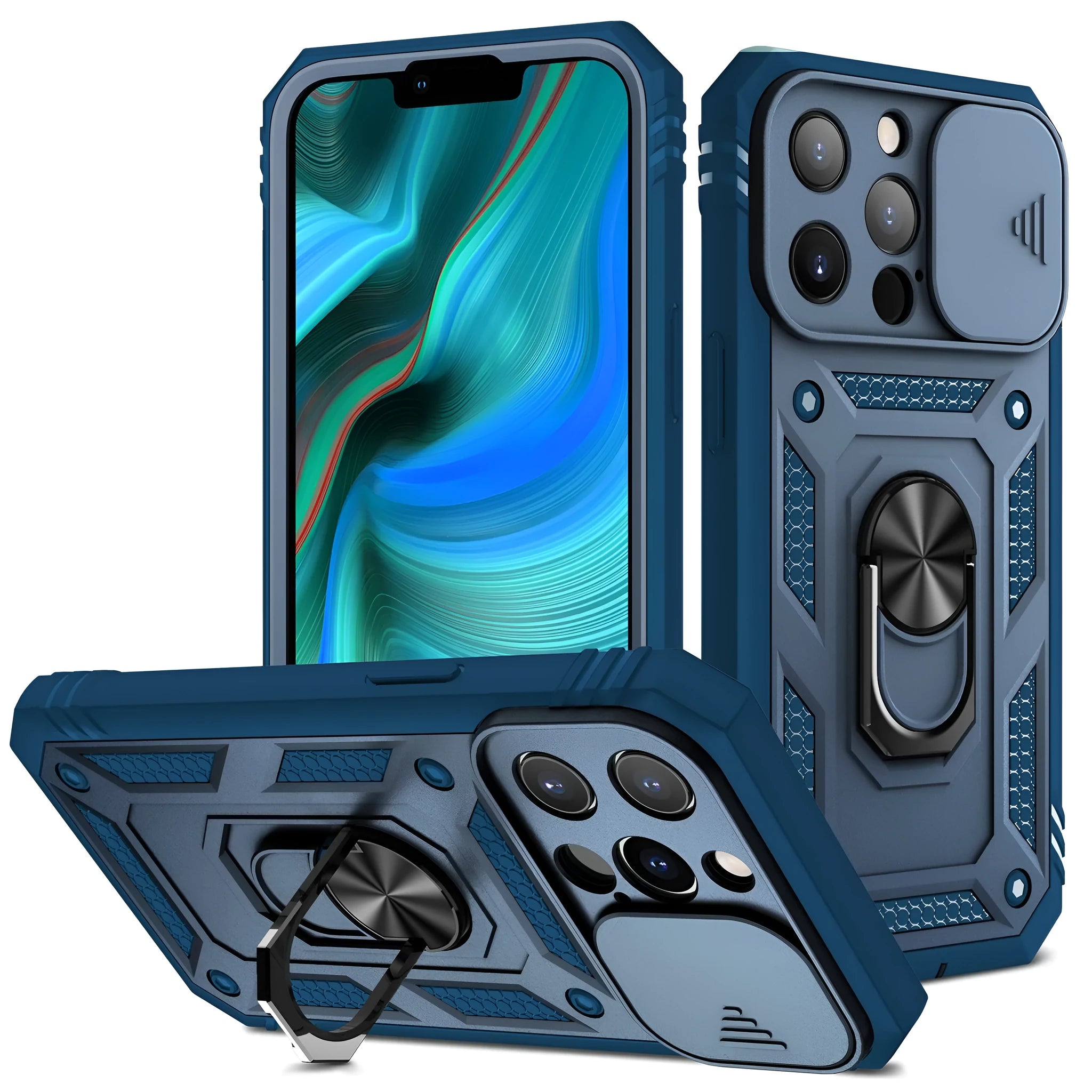 Magnetic sliding window phone case for iPhone in two-tone sapphire blue colour.