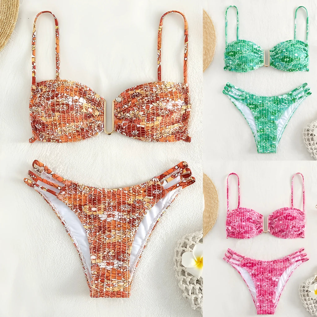 Women's high-waist floral bikini swimsuit in a solid colour on a mannequin