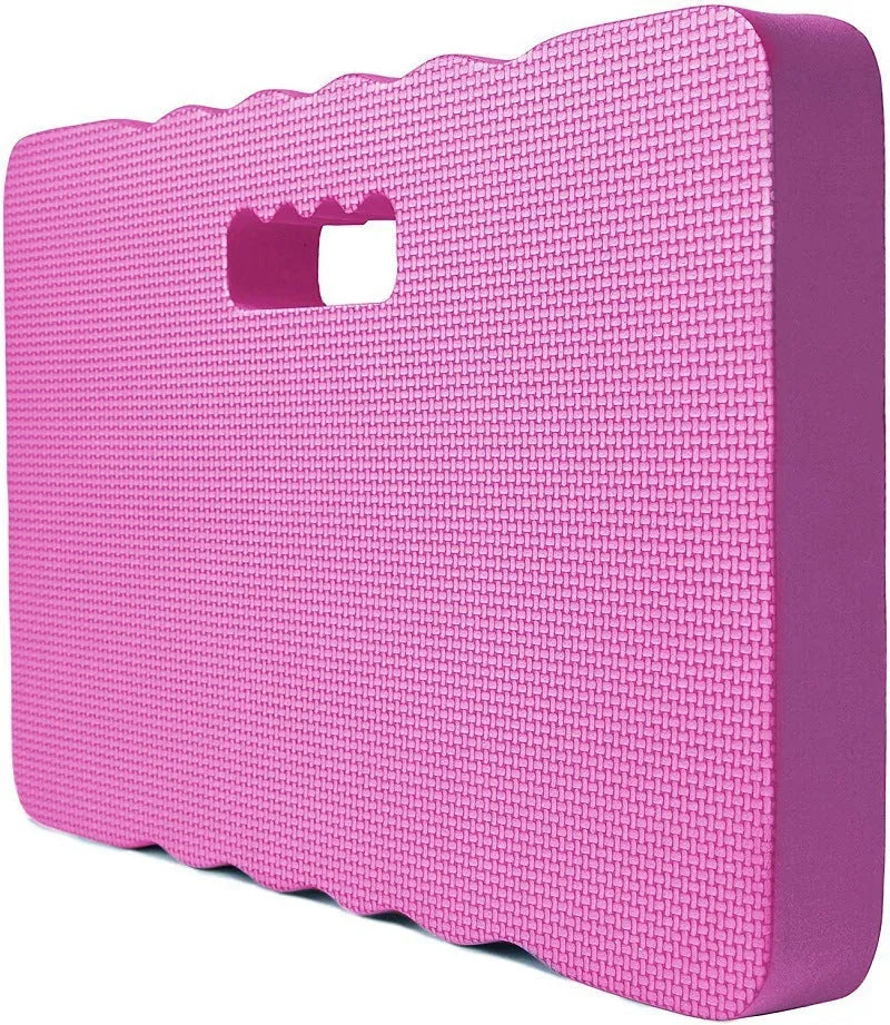 Blue rectangular EVA foam garden kneeler pad on grass, dimensions 45 by 28 cm.