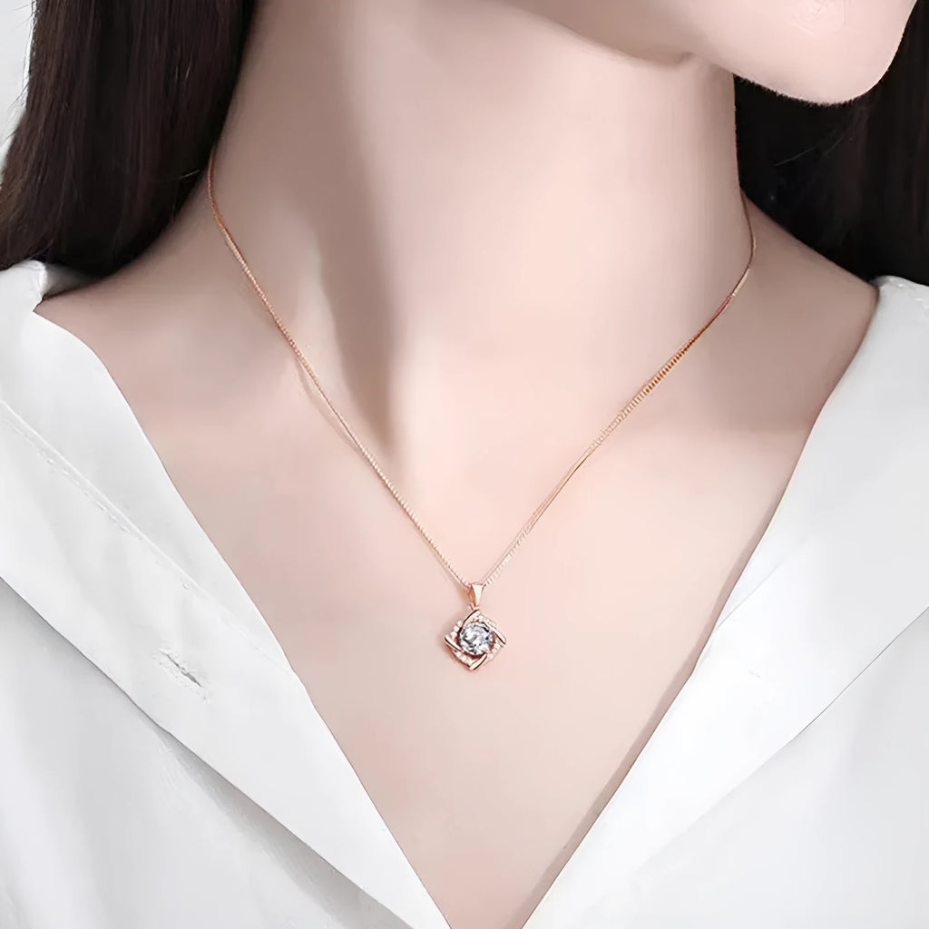 S925 sterling silver windmill moissanite necklace in platinum or rose gold colour with geometric princess style