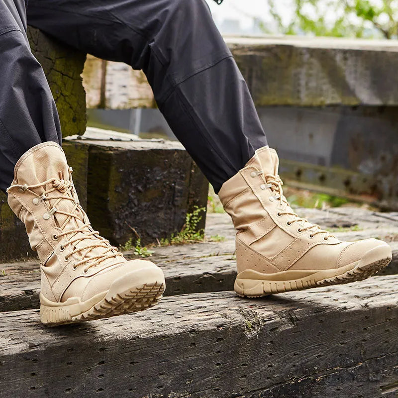 Yulong tactical desert combat boots in black and sand colours with reinforced toe for outdoor climbing